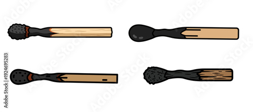 Collection of Four Burnt and Charred Wooden Matchstick Illustrations
