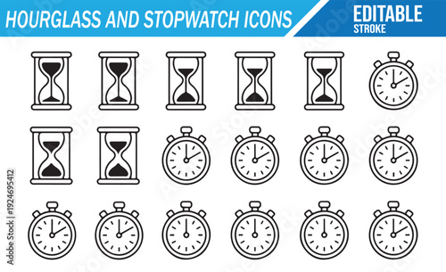 Hourglass and Stopwatch Icon Pack, Line Style Sand Clock and Timer Symbols