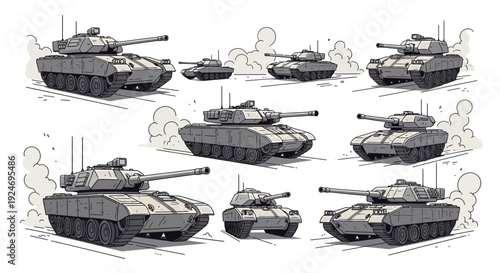 A collection of military tanks in various sizes, depicted in a stylized line art drawing with shading and smoke effects on a white background.
