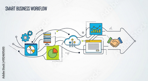 Smart business workflow process with interconnected charts and graphs on a white background
