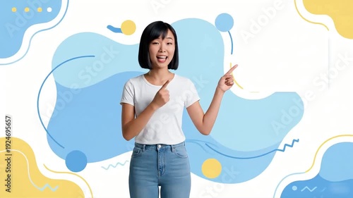 Asian Woman Pointing to Copy Space Joyful Expression Modern Abstract Background.