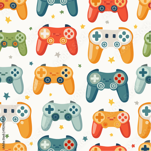 Nostalgic seamless pattern featuring a variety of classic retro video game controllers in vibrant colors perfect for gaming themes and vintage designs