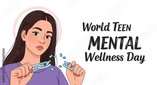 Illustration of a teenage girl practicing self-care by brushing her teeth on World Teen Mental Wellness Day with a purple shirt and a peaceful expression.