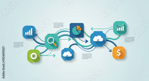 Business strategy and finance concept with interconnected icons representing data analysis cloud computing and financial growth on a light blue background with arrows