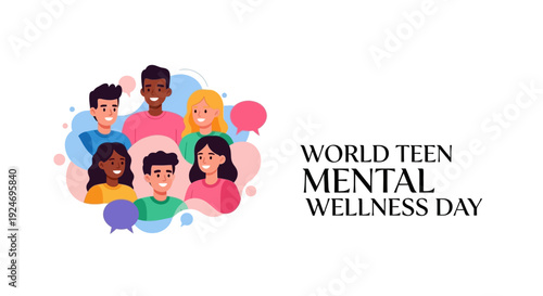 Illustration of diverse teens for World Teen Mental Wellness Day promoting adolescent mental health awareness with colorful vector graphics.