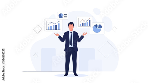 Businessman juggling charts and graphs, representing data analysis and financial planning