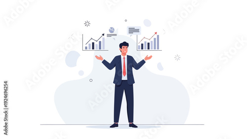 Businessman juggling financial charts and data analysis, business growth concept