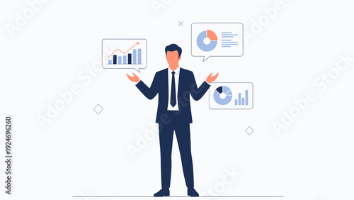 Businessman juggling financial charts and data analysis