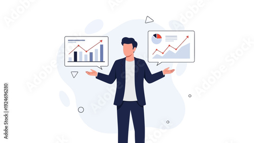 Businessman making decision with two financial charts showing growth and decline