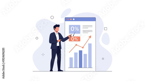 Businessman pointing at financial chart with 0% interest rate and growth graph
