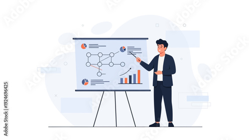 Businessman presenting a flowchart and graphs on a whiteboard
