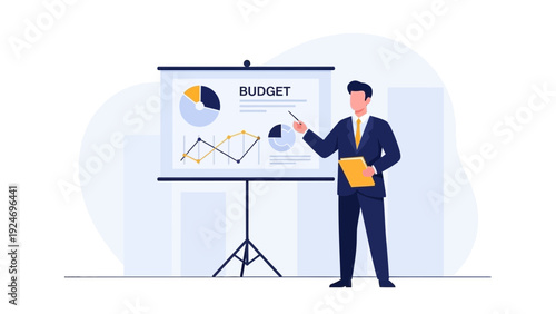 Businessman presenting budget report with charts on whiteboard