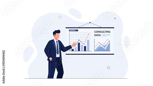Businessman presenting consulting data with charts and graphs on a whiteboard
