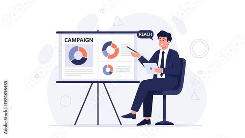 Businessman Presenting Campaign Strategy with Graphs and Data
