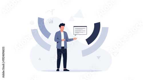 Businessman presenting data and analytics with abstract background