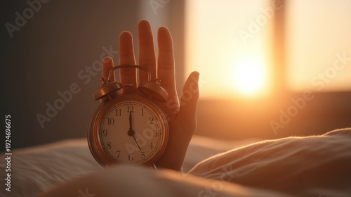 Tranquil Morning Scene with Hand Holding Alarm Clock Beside a Bed at Sunrise