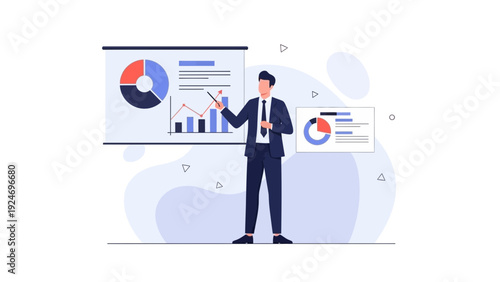 Businessman presenting data charts and graphs on a whiteboard, business presentation
