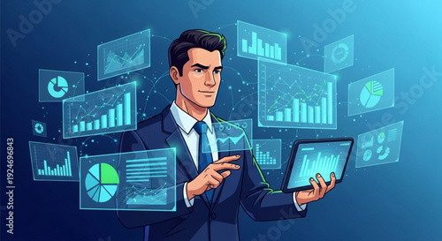 Businessman analyzing data on tablet with floating charts and graphs around him in blue background