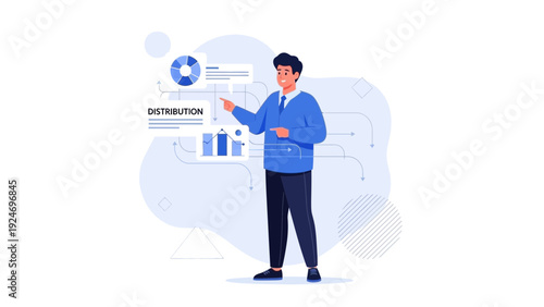 Businessman presenting distribution strategy with charts and infographics