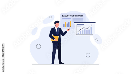 Businessman presenting executive summary with charts and graphs on whiteboard