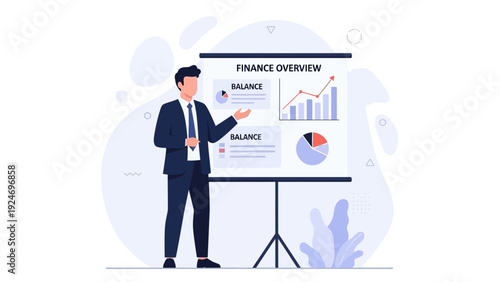 Businessman presenting finance overview with charts and graphs on a whiteboard