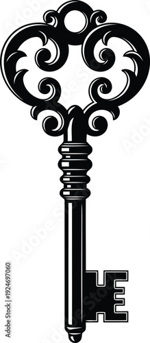 Canvastavla Ornate Black Antique Key Silhouette on White Background