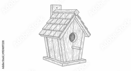 Rustic Wooden Birdhouse with Perch and Shingled Roof, Hand-Drawn Sketch Style