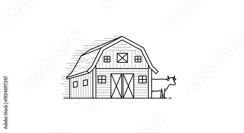 Rustic Barn and Cow Line Art Illustration - Farm Animal and Building Icon
