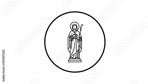Saint figure in a circle, religious symbol, monochrome line art