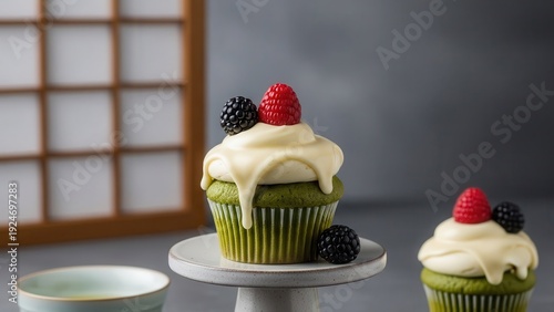 Elegant matcha green tea cupcake with white cream cheese frosting topped with fresh raspberry and blackberry, displayed on a pedestal next to another cupcake and a shoji screen