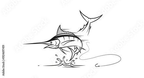 Marlin Fish Jumping Out of Water, Fishing Line, Dynamic Action Sketch