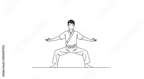 Martial Arts Practitioner in Wide Stance, Focused Meditation Pose, Karate Gi