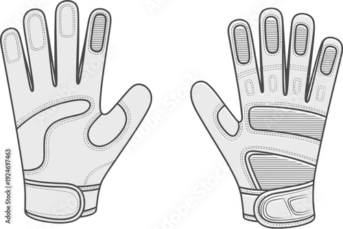 Technical fashion illustration of protective sports gloves front and back views with padded sections, reinforced stitching, wrist strap closures, ergonomic design, and garment construction details