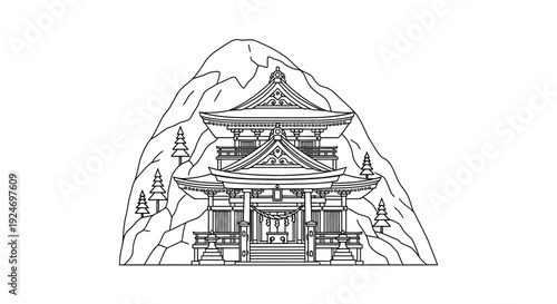 Japanese Temple Architecture with Mountain Backdrop - Line Art Illustration