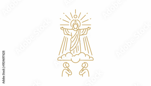 Jesus Christ Ascending to Heaven Above Clouds with Worshippers Below, Golden Line Art