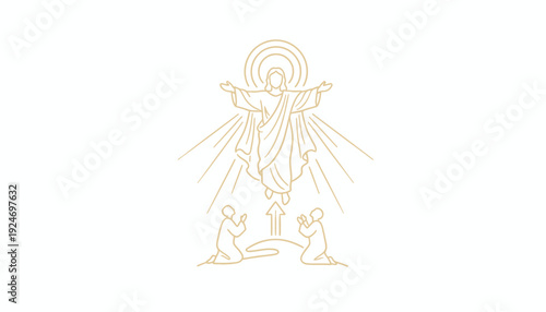 Jesus Ascending to Heaven, Disciples Witnessing, Religious Symbolism, Golden Line Art