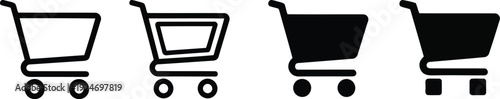 Shopping cart line and solid icon collection. Includes outline, double outline, solid, and solid with square wheels symbols. Created in minimalist style with black and white palette.