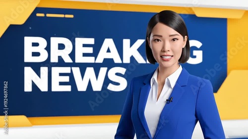 Breaking News Anchorwoman Smiling at Camera Modern News Studio Background.
