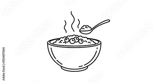 Hot Cereal Bowl with Spoon and Berries - Line Art Icon
