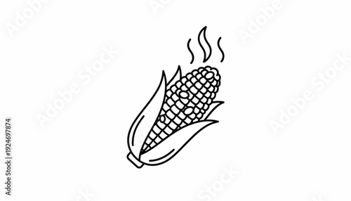 Hot Corn Cob Icon, Steaming Maize Kernel, Simple Outline Drawing