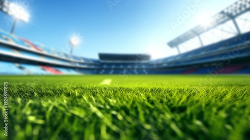 Feel the energy of the game: a vibrant, low-angle shot of a lush green football stadium pitch under a bright blue sky, perfect for sports marketing and arena promotion themes.