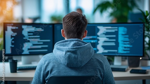 Empower your digital transformation: rear view of a focused developer in a hoodie working with complex code on dual monitors in a modern office, perfect for software house branding and IT blogs.