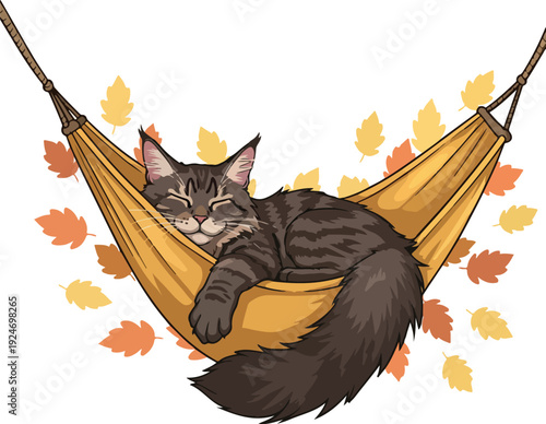 Adorable Maine Coon Cat Sleeping in a Hammock Surrounded by Autumn Leaves
