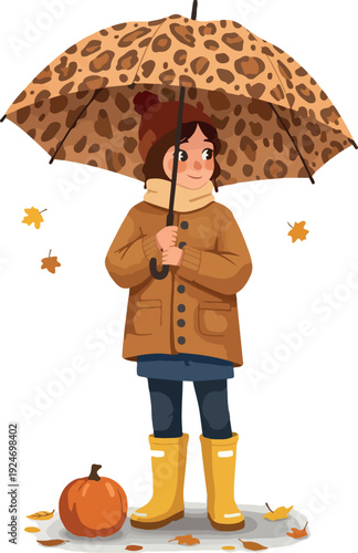 Autumn Girl with Leopard Umbrella and Pumpkin Under Falling Leaves