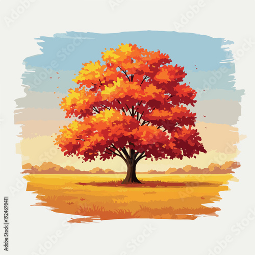 Autumn Tree Vibrant Orange Leaves Golden Field Pastel Sky