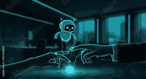 Robot character being controlled by human hands in a futuristic neon lit dark room with windows in the background