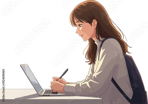 Anime Girl Working on Laptop with Backpack Light Background