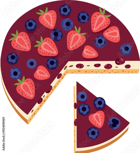 Berry Cheesecake Slice Isolated Flat Design Illustration With Strawberries Blueberries