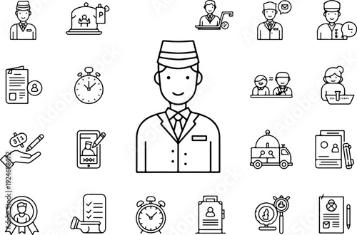 Bellboy Icons Set With Service Icons And Time Management Flat Design