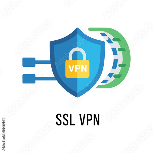 SSL VPN secure connection shield with digital network and padlock icon